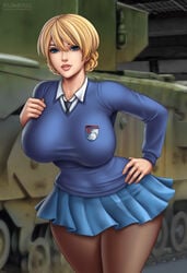 1girls big_ass big_breasts big_hips blonde_female blonde_hair blue_skirt blue_sweater braid braided_hair darjeeling female female_only flowerxl girls_und_panzer hourglass_figure light-skinned_female miniskirt necktie pantyhose pleated_skirt school_uniform short_hair skirt solo st._gloriana's_school_uniform sweater tank thick_thighs tight_clothing tights voluptuous voluptuous_female wide_hips