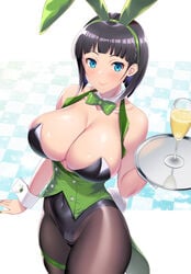 1girls 2021 alcohol black_hair blue_eyes blush bowtie breasts bunny_ears bunny_girl bunnysuit cleavage detached_collar detached_cuffs drink elf female female_focus female_human female_only fit_female hi_res highleg_leotard hips holding_object hourglass_figure huge_breasts human kawase_seiki kirigaya_suguha large_breasts leotard light-skinned_female looking_at_viewer serving_tray sheer_legwear short_hair simple_background slim_waist smile sword_art_online thick_thighs thighs tights variant_set wide_hips