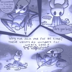 2boys aipeco18 balls blush blushing bug cock comic cute femboy heart hollow_knight laying_down limp penis protagonist_(hollow_knight) quirrel team_cherry text