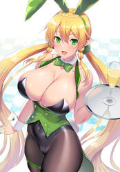 1girls 2021 alcohol alternate_hairstyle blonde_hair blush bowtie breasts bunny_ears bunny_girl bunnysuit cleavage detached_collar detached_cuffs drink elf elf_ears elf_female female female_focus female_only green_eyes hi_res highleg_leotard hips holding_object huge_breasts kawase_seiki leafa leotard long_ears long_hair looking_at_viewer pointy_ears serving_tray sheer_legwear simple_background slim_waist smile sword_art_online thick_thighs thighs tights twintails very_long_hair wide_hips