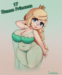 arms_behind_head bbw belly big_breasts blonde_hair blue_eyes bra breasts chubby chubby_female cranihum crown female female_only human human_princess_(princess_and_conquest) panties pinup plump princess princess_and_conquest solo solo_female stomach thick_thighs transparent_clothing