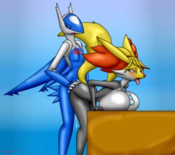 anthro anthrofied balls big_breasts black_body black_fur blonde_hair blush bodily_fluids breasts chameloshi closed_eyes cum cum_in_pussy cum_inside delphox duo female female_on_top female_penetrated fur genital_fluids genitals gradient_background hair jewelry lactating latios legendary_pokémon male male/female male_on_bottom male_penetrating male_penetrating_female milk necklace nintendo nipples on_bottom on_top orgasm penetration penile penile_penetration penis penis_in_pussy pokémorph pokemon pokemon_(species) pussy reverse_cowgirl_position sex simple_background spread_legs spreading vaginal_penetration video_games white_body white_fur yellow_body yellow_fur