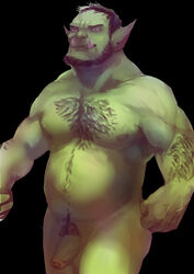 2021 absurd_res areola balls barely_visible_glans beard black_background black_hair black_nipples black_pubes body_hair chest_hair facial_hair fist flexing foreskin genitals glans green_balls green_body green_penis green_skin hair hairy_arms half-erect hi_res humanoid humanoid_genitalia humanoid_penis humanoid_pointy_ears looking_ahead male male_only muscular navel nipples not_furry notched_ear nude orc orc_male pecs penis pink_glans portrait pose pubes scrappyvamp side_butt simple_background slightly_chubby slightly_chubby_male solo standing three-quarter_portrait tusks