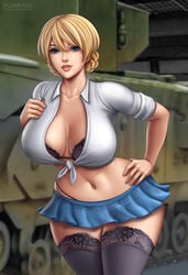 american_school belly_button big_ass big_breasts big_hips blonde_female cleavage darjeeling flowerxl girls_und_panzer gyaru hourglass_figure lace_stockings large_breasts light-skinned_female microskirt navel slutty_outfit stockings thick_thighs thong tied_shirt voluptuous white_shirt wide_hips