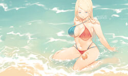 beach black_clover blonde_female blonde_hair blue_eyes braided_hair breasts charlotte_roselei female_only long_hair seaside solo_female solo_focus swimsuit