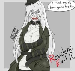 1girls belt_choker big_breasts black_hat blush choker cleavage coat coat_only embarrassed fah12enheit female genderswap genderswap_(mtf) gloves grey_gloves hat huge_breasts long_hair long_white_hair monster_girl mr_x mrs._x open_jacket pale_skin resident_evil resident_evil_2 rule_63 thighhighs tsundere white_eyes white_hair white_skin