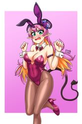 blush breasts bunny_ears bunnysuit cleavage green_eyes high_heels hololive hololive_gen_5 hololive_japan mano_aloe pink_hair succubus surprised tail virtual_youtuber