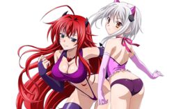 10s 2girls ass blue_eyes breasts bridal_gauntlets crop_top hair_ornament high_school_dxd koneko_toujou large_breasts long_hair looking_at_viewer multiple_girls red_hair rias_gremory thong white_hair yellow_eyes