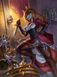 anthro bottle breasts candle canid canine canis claws clothed clothing coin dagger detailed_background felid feline felis female fox fur genitals gold_(metal) gold_coin group hair hi_res holding_object holding_weapon jackal legwear looking_at_viewer male mammal melee_weapon neutral_nt nipples no_underwear open_mouth pussy smile suprised_eyes surprised_expression tongue underwear weapon wolf