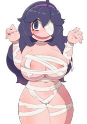 1girls alternate_breast_size areolae big_breasts blue_eyes blush breasts chibi curvy_figure female hairband halloween hex_maniac huge_breasts large_breasts long_hair makino_nono mummy_costume nintendo nipples pokemon pokemon_xy purple_eyes purple_hair solo standing sweat