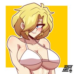 1girls big_breasts bikini blonde_hair blue_eyes blush bra breasts dc female female_only hair_over_one_eye jizuz kara_zor-l karen_starr power_girl short_hair superman_(series)