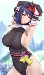 1girls armpits arms_up black_elbow_gloves black_gloves black_hair black_long_gloves blush breasts elbow_gloves female genshin_impact gloves hi_res human kujou_sara large_breasts leotard long_gloves mask shikube short_hair sideboob sweat sweaty wide_hips yellow_eyes