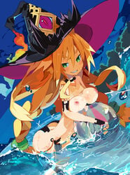 blonde_hair breasts green_eyes medium_breasts metallia miyakawa106 the_witch_and_the_hundred_knight water wet witch_hat yellow_hair