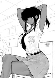 1girls adjusting_hair anggita_putri_(norman_maggot) armpits arms_up bangs big_breasts blouse breasts clothed crossed_legs dark-skinned_female dark_skin earrings eyelashes eyeliner female female_only high_contrast huge_breasts indonesian_school_uniform large_breasts legs long_hair loose_necktie makeup monochrome necktie norman_maggot original ponytail school_uniform shirt sidelocks skirt sweat sweating thick_thighs thighs wet_clothes wet_shirt wet_skirt