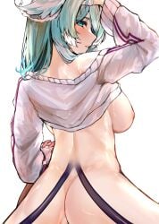 animal_ears blue_hair blush breasts breasts_out clothes_lift cowgirl_position dragon_ears dragon_girl elira_pendora female green_eyes hand_in_hair head_wings hidden_eyes highres holding_hands implied_sex large_breasts long_hair looking_at_viewer naokomama nijisanji nijisanji_en nipples shirt_lift solo_focus straddling sweater virtual_youtuber white_sweater