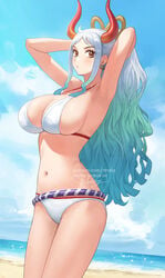 1girls armpits big_breasts bikini blue_hair breasts brown_eyes clothed clothing curvy ear_piercing earrings eye_contact female female_focus female_only gradient_hair hi_res highres hoop_earrings horned_humanoid horns humanoid large_breasts light-skinned_female light_skin long_hair looking_at_viewer multicolored_hair nhaliz one_piece oni oni_horns revealing_clothes sideboob simple_background solo standing thick_thighs thighs two_tone_hair white_hair wide_hips yamato_(one_piece) youkai