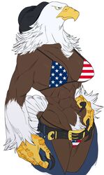 1girls abs american_flag american_flag_bikini anthro avian bald_eagle beak belt bikini bird chaps cowboy_hat cowboy_pants crotchless crotchless_chaps dark-skinned_female dark_skin eagle feathers female female_only hi_res pubic_tuft quququl sharp_claws solo solo_female tomboy white_background white_pubic_hair