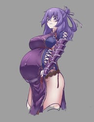 ao_no_kiseki armor big_breasts eiyuu_densetsu female female_only fully_clothed hajimari_no_kiseki legend_of_heroes looking_at_viewer pelvic_curtain pregnant purple_eyes purple_hair ready_to_pop rixia_mao side_slit solo struggling_to_fit tied_hair undersized_clothes zero_no_kiseki