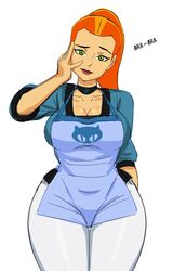 1girls apron ara_ara ben_10 big_breasts breasts cartoon_network choker cleavage clothing curvaceous curvy curvy_figure donchibi female female_focus female_only future_gwen green_eyes gwen_tennyson hand_on_face hips lips lipstick long_hair looking_at_viewer milf orange_hair pants ponytail smile smiling smiling_at_viewer tied_hair tight_clothing voluptuous wide_hips