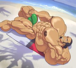 1boy abs arm_behind_head armpit balls bara beach biceps black_hair bodybuilder bulge facial_hair flaccid human hyper hyper_balls hyper_genitalia hyper_muscles hyper_penis hyper_testicles kukui_(pokemon) laying_down looking_at_viewer male male_focus male_only muscles muscular muscular_arms muscular_ass muscular_back muscular_legs muscular_male muscular_thighs nipples ocean pecs penis pokemon pokemon_sm remert smile smiling smiling_at_viewer solo testicles veins veiny_penis yaoi