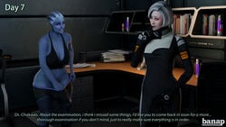 1futa 1girls 3d 3d_(artwork) alien asari banap blender blue_skin blush comic comic_page dialogue doctor dr._karin_chakwas english_text futanari interspecies liara_t'soni mass_effect no_nut_november older_female sci-fi science_fiction smile smiling text younger_futanari