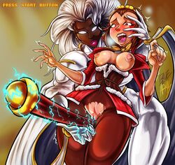 2girls african african_female armiv between_thighs big_hair blank_eyes blue-moonarms bodysuit breasts breasts_out capcom cape chocolate_and_vanilla crossover dark-skinned_female earrings electricity electrostimulation fangs female_only gloves hair_slicked_back lips long_hair marvel marvel_comics marvel_vs._capcom marvel_vs._capcom_2 monkey_girl multiple_girls open_mouth ororo_munroe pussy sharp_fingernails short_hair sonson staff storm_(x-men) torn_clothes torn_legwear white_hair x-men yuri