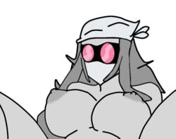 big_breasts breasts breasts goggles grey_hair grey_skin horny legs_apart on_back pink_goggles thick_thighs