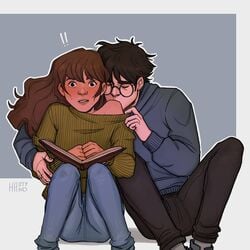 1boy 1girls blush female harry_and_hermione harry_james_potter harry_potter hastyhand hermione_granger kissing_shoulder male straight teasing