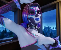 3d armpit_fetish armpit_focus armpits blender choker dyed_hair facepaint fortnite haziest_mirage luchadora mariposa_(fortnite) multitoned_hair seductive_look tank_top wrestler_costume