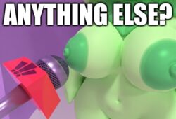 !!! 3d 3d_(artwork) areola bella_(screwroot) big_breasts breasts impact_(font) interview meme microphone nipples nude plantie screwroot