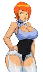 1girls alternate_breast_size ben_10 big_breasts breasts cartoon_network choker cleavage clothing curvaceous curvy curvy_figure donchibi female female_focus female_only green_eyes gwen_tennyson hand_on_hip hips large_breasts lips lipstick long_hair looking_at_viewer milf nipple_bulge orange_hair pants ponytail smile smiling smiling_at_viewer thick_thighs tied_hair tight_clothing voluptuous wide_hips