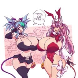 2girls ass big_ass breasts bunnysuit cleavage collar color cosplay disgaea docking etna etna_(cosplay) female female_only flonne_(cosplay) froot halloween horns huge_breasts ironmouse long_hair looking_at_viewer n647 nail_polish pointy_ears speech_bubble tail text thick_thighs thin_waist virtual_youtuber voluptuous vshojo wide_hips wink