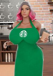 1girls 3d ass big_ass big_breasts blender breasts calamity_(fortnite) capitalism fortnite fortnite:_battle_royale huge_breasts iced_latte_with_breast_milk juggernut_(artist) looking_at_viewer meme naked_apron slave starbucks