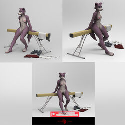 3d_(artwork) abs absurd_res anthro balance_beam bambookat beastars breasts brown_body brown_fur canid canine canis clothing digital_media_(artwork) female footwear fur genitals hi_res juno_(beastars) mammal nipples nude pussy shoes simple_background smile solo wolf