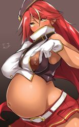 1girls azur_lane beret big_belly big_breasts blush crop_top dark-skinned_female dark_nipples dark_skin female_only gloves jamaica_(azur_lane) kuronyan large_areolae long_hair miniskirt nipple_cutout pregnant ready_to_pop red_hair royal_navy_(azur_lane) sleeveless_shirt slit_pupils solo tan tan_skin white_gloves yellow_eyes