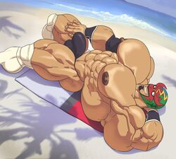 1boy abs arm_behind_head armpit balls bara beach biceps black_hair bodybuilder bulge facial_hair flaccid human hyper hyper_balls hyper_genitalia hyper_muscles hyper_penis hyper_testicles kukui_(pokemon) laying_down looking_at_viewer male male_focus male_only masked_royal muscles muscular muscular_arms muscular_ass muscular_back muscular_legs muscular_male muscular_thighs nipples ocean pecs penis pokemon pokemon_sm remert smile smiling smiling_at_viewer solo testicles veins veiny_penis yaoi