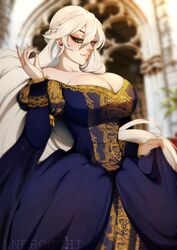 1girls absurd_res blonde_hair blurry_background breast_press cleavage elegant female female_only half-closed_eyes long_hair looking_at_viewer nerocchi nnerocchi noblewoman smug solo solo_female tied_hair