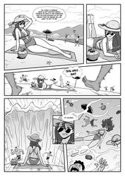 1girls 2021 5_fingers 5_toes bare_shoulders beach big_breasts breasts cleavage comic english_text female human human_only humanoid isabelle_(jaw) just-add-water99 large_breasts one-piece_swimsuit speech_bubble tagme text tired water