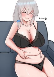 1girls big_breasts black_bra black_panties bra cleavage closed_eyes couch female female_only gray_hair grey_hair human human_only light-skinned_female mature_female milf panties smile solo solo_female tagme tummy tummy_grab uzaki-chan_wa_asobitai! uzaki_tsuki