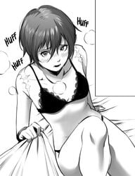 blush flat_chest han_soo-min hanny_(uirusu_chan) heavy_breathing lingerie looking_at_viewer monochrome panting scar scar_on_shoulder small_breasts tomboy