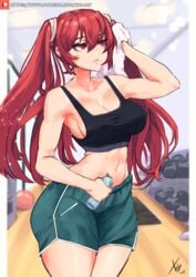 1girls abs after_workout alternate_costume armpits breasts cleavage female female_only fire_emblem fire_emblem_awakening gym gym_clothes gym_shorts hair_tie highres light-skinned_female light_skin long_hair nintendo nipple_bulge nipples_visible_through_clothing post_workout red_eyes red_hair severa_(fire_emblem) shorts sideboob solo sports_bra sweat sweaty tied_hair towel tsundere twintails workout xhaart