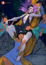 5girls aged_down big_breasts black_hair black_nail_polish black_nails bracelets breasts cleavage curvy disney disney_villains earrings female female_only green_eyes group inca jewelry kirass kiss kissing_hand latina leg_bracelets lips long_hair milf nail_polish pale-skinned_female partially_clothed patreon peruvian_female purple_skin smile tan-skinned_female tan_skin the_emperor's_new_groove worship yuri yzma