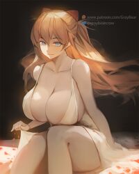 1girls alternate_breast_size asuka_langley_sohryu big_breast black_background blue_eyes breasts cleavage dress gigantic_breasts gray_bear hairpods huge_breasts interface_headset large_breasts long_hair neon_genesis_evangelion on_bed orange_hair patreon_logo patreon_username petals plunging_neckline sitting solo solo_female tsundere twitter_logo twitter_username yellow_dress