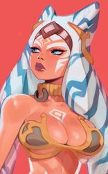 1girls ahsoka_tano blue_eyes cleavage dick_sucking_lips eymbee female female_only harem_girl harem_outfit jedi large_breasts orange_skin slave slave_ahsoka slave_bikini slave_collar slave_outfit slavegirl solo star_wars star_wars_rebels togruta