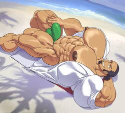 1boy abs arm_behind_head balls bara beach biceps black_hair bodybuilder bulge facial_hair flaccid human hyper hyper_balls hyper_genitalia hyper_muscles hyper_penis hyper_testicles kukui_(pokemon) laying_down looking_at_viewer male male_focus male_only muscles muscular muscular_arms muscular_ass muscular_back muscular_legs muscular_male muscular_thighs nipples ocean pecs penis pokemon pokemon_sm remert smile smiling smiling_at_viewer solo testicles veins veiny_penis yaoi