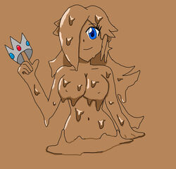 big_breasts blue_eyes breasts completely_covered_in_mud covered_in_mud crown curvy cute doctormechapyro eyebrows_visible_through_hair eyelashes female long_hair mario_(series) mud naked nintendo nipples nude princess_rosalina smiling solo super_mario_galaxy