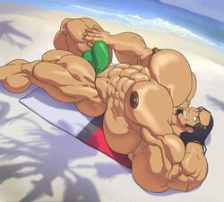 1boy abs arm_behind_head armpit balls bara beach biceps black_hair bodybuilder bulge facial_hair flaccid human hyper hyper_balls hyper_genitalia hyper_muscles hyper_penis hyper_testicles kukui_(pokemon) laying_down looking_at_viewer male male_focus male_only muscles muscular muscular_arms muscular_ass muscular_back muscular_legs muscular_male muscular_thighs nipples ocean pecs penis pokemon pokemon_sm remert smile smiling smiling_at_viewer solo testicles veins veiny_penis yaoi