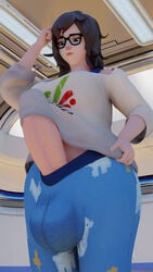 1futa 3d balls big_balls big_breasts clothed clothing erection erection_under_clothes eyewear french_nails futa_only futanari glasses huge_cock human light-skinned_futanari light_skin masturbation mei_(overwatch) overwatch penis solo wxokky