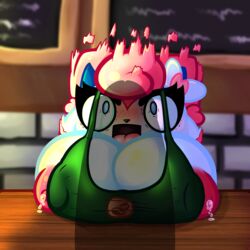 2021 anthro apron blue_eyes blush bow breasts game_freak iced_latte_with_breast_milk jigglypuff lactation meme nintendo pink_skin pokemon pokemon_(species) puffylover69 restaurant shock shocked shocked_expression sylvia_(puffylover69) white_skin