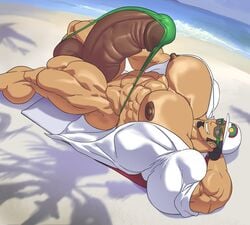 1boy abs arm_behind_head balls bara beach biceps black_hair bodybuilder boner erection facial_hair human hyper hyper_balls hyper_genitalia hyper_muscles hyper_penis hyper_testicles kukui_(pokemon) laying_down looking_at_viewer male male_focus male_only muscles muscular muscular_arms muscular_ass muscular_back muscular_legs muscular_male muscular_thighs nipples ocean pecs penis pokemon pokemon_sm remert smile smiling smiling_at_viewer solo testicles veins veiny_penis yaoi